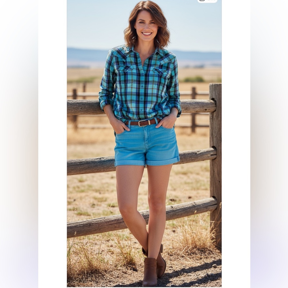 Blue Plaid Snap Button Top and Matching Jean Shorts Western Outfit Set